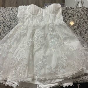 White embroidered mesh sequin skater dress from Windsor. Homecoming dress.